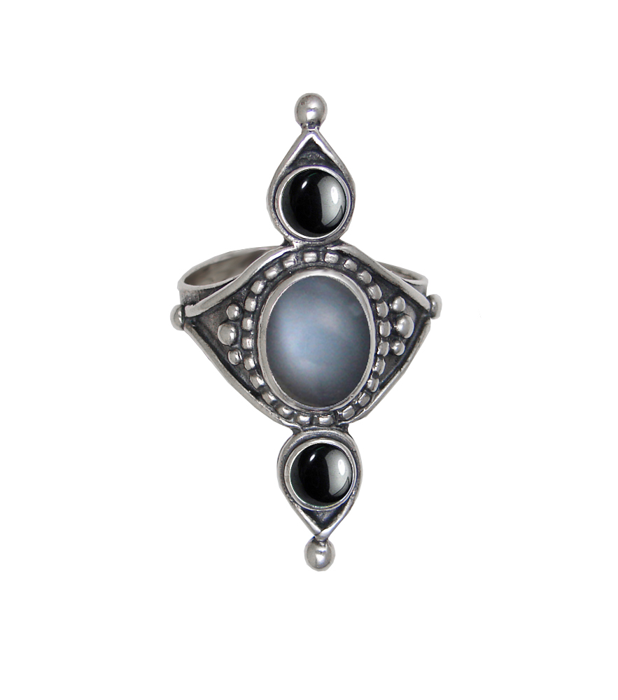 Sterling Silver Royal Ring With Grey Moonstone And Hematite Size 9